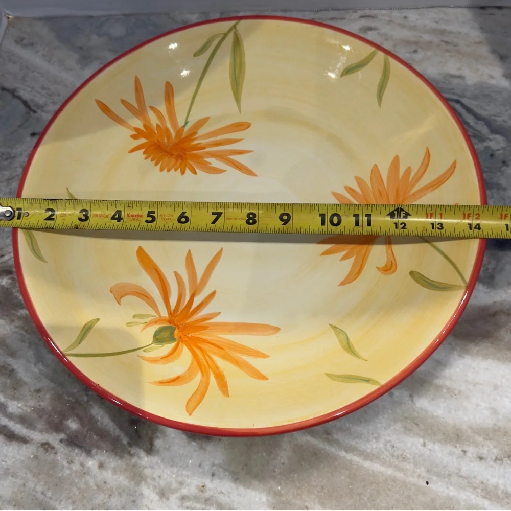 Crate & Barrel Yellow Gold Floral 14” Serving Bowl Platter Display Bowl
